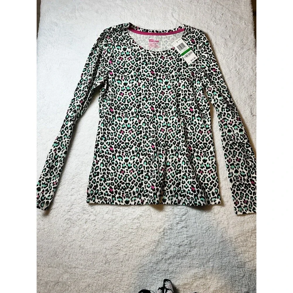 Epic Threads Girls Leopard Print Long Sleeve T-shirt Turquoise Pink White Sz L